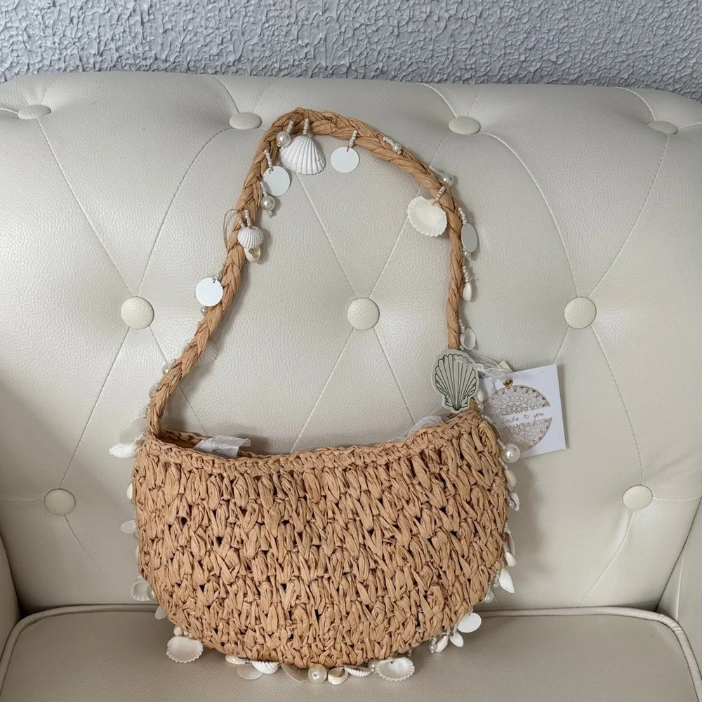 Beige Woven Shoulder Bag with Shell Accents